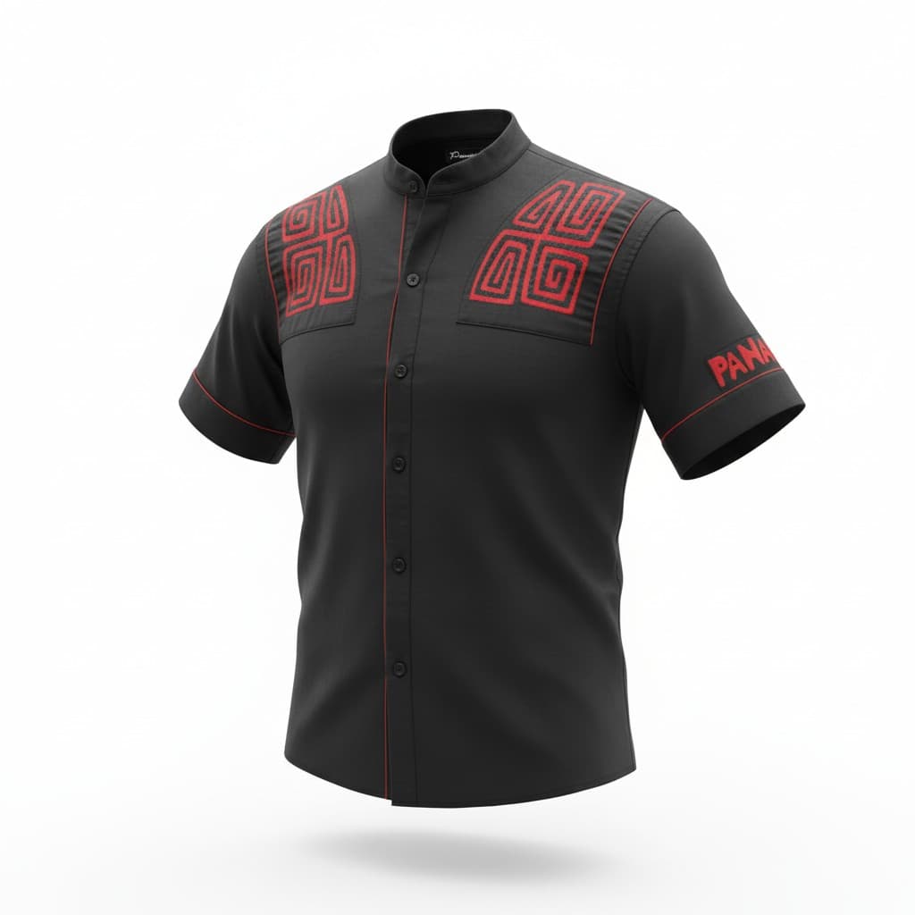 PanamaBy - Camisa de lino premium negro con mola rojo y negro.