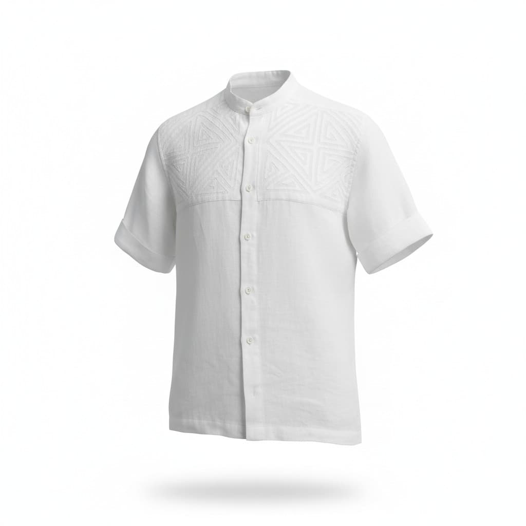 PanamaBy - Camisa de lino premium blanca con mola blanca.