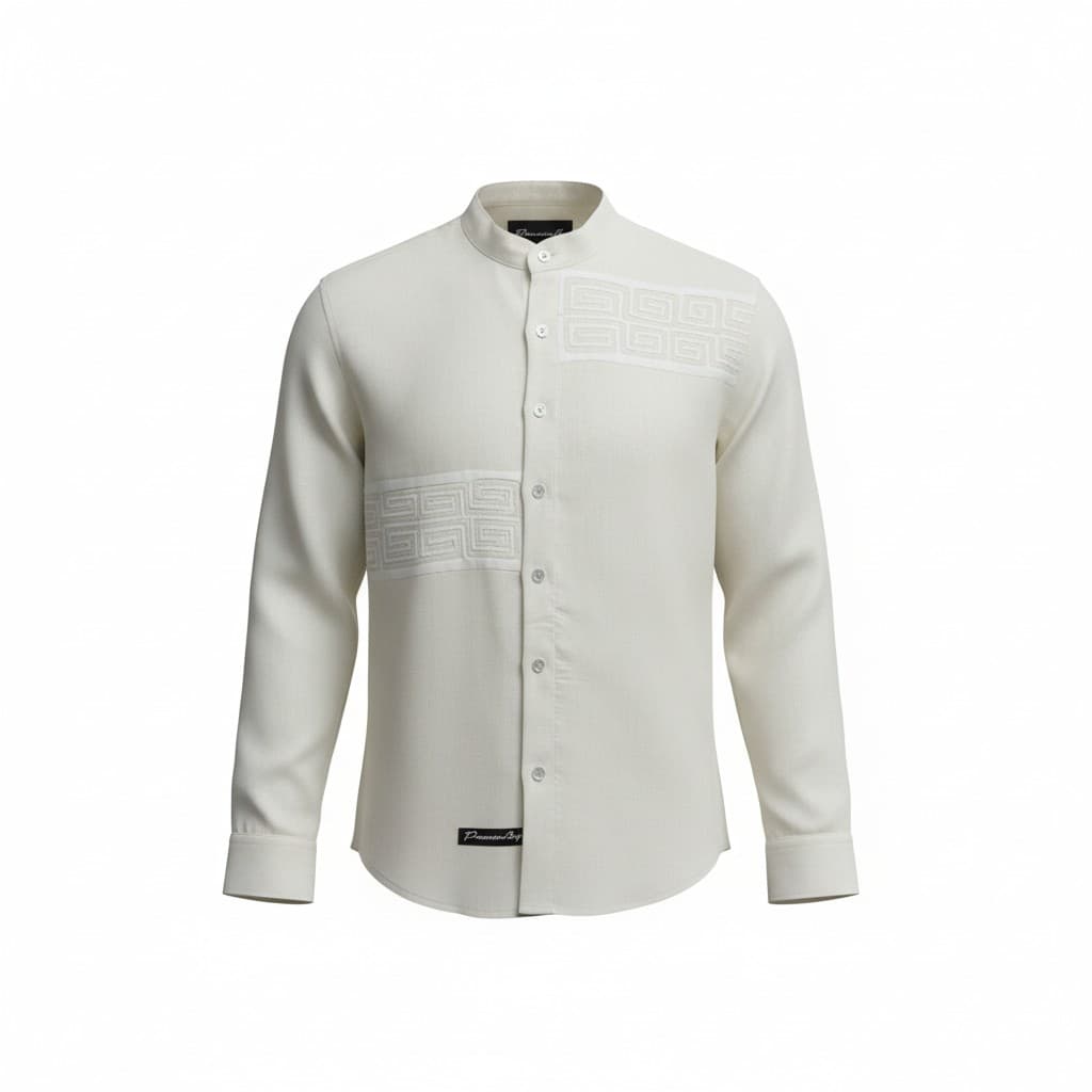 PanamaBy - Camisa de lino premium crema manga larga con mola blanca.