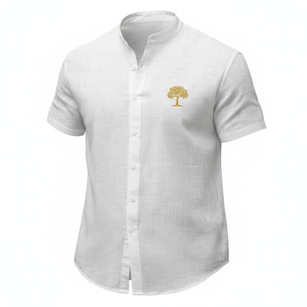 Camisa de lino premium blanca con logo dorado de árbol de PanamaBy