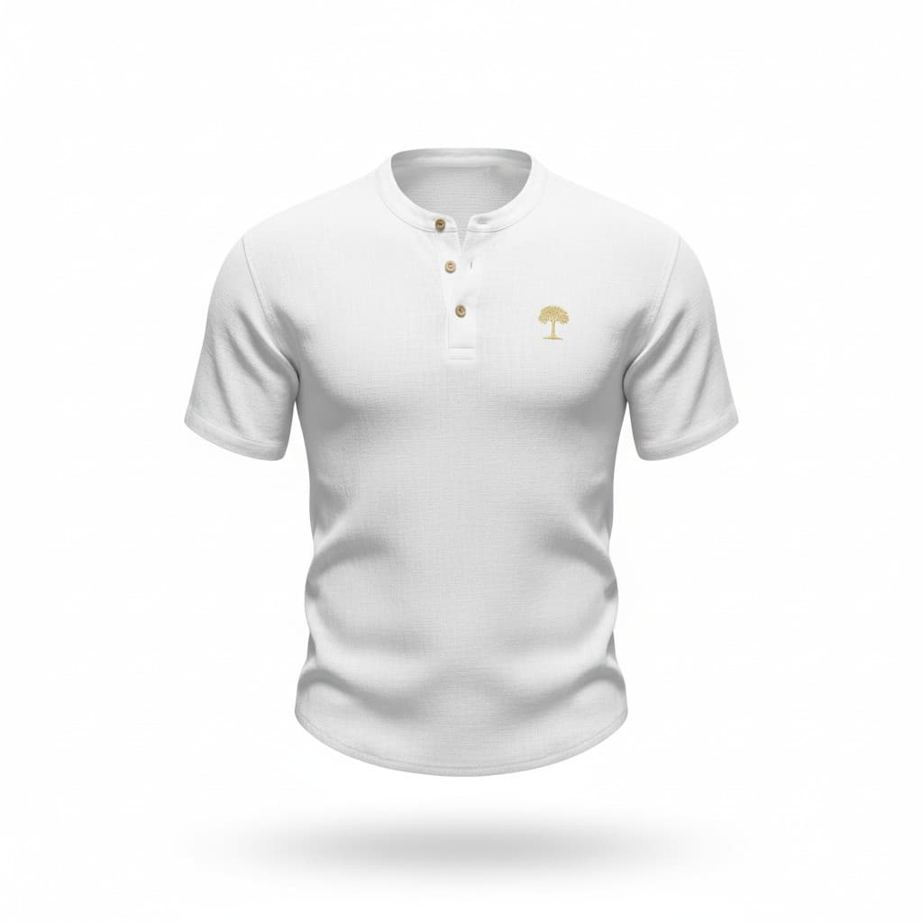 Camisa estilo henley de lino premium blanca con logo dorado de árbol de PanamaBy