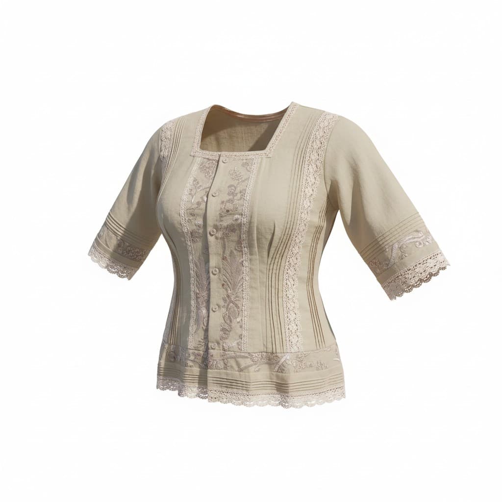 PanamaBy Blusa tipica de lujo confeccionada con tela olan de hilo, encaje trencilla y bordado de hilo